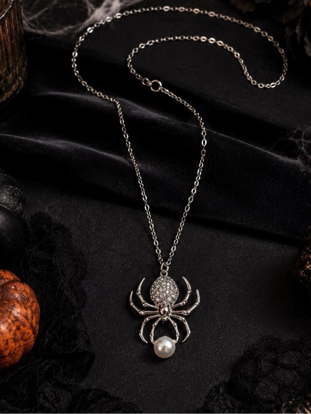 Silver Rhinestone Spider & Pearl Pendant Necklace Halloween Jewelry
